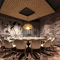 Elegant Restaurant Interior With Round Dining Table Light Chairs Woven Ceiling And Ink Painting Wall