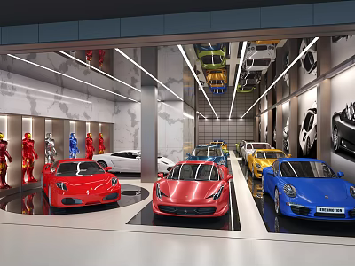 Parking Garage With Luxury Sports Cars Red Blue White Models And Modern Decor 3d model