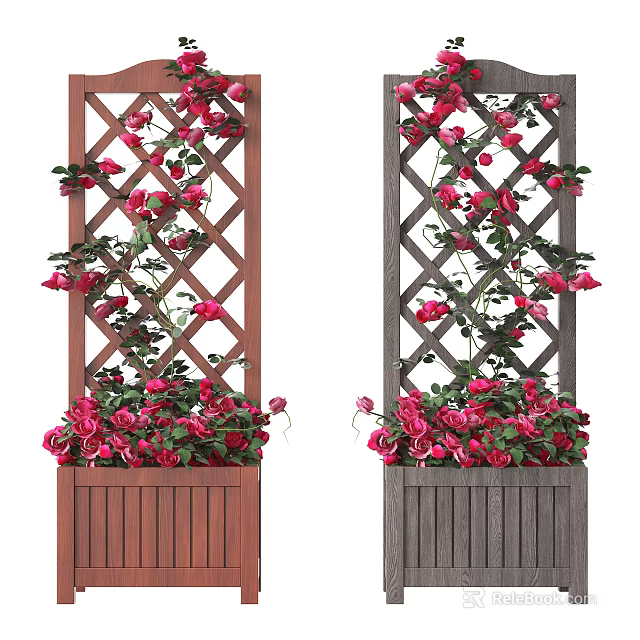 Garden Trellis With Red Climbing Roses And Brown Gray Wooden Planter 3d model 