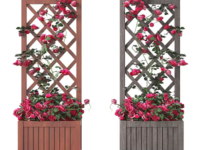 Garden Trellis With Red Climbing Roses And Brown Gray Wooden Planter 3d model