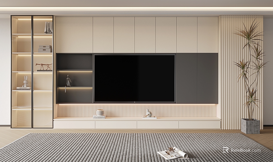 Modern TV Background Wall Design With Beige Gray Panels Flat Screen TV And Storage Cabinets 3d model 