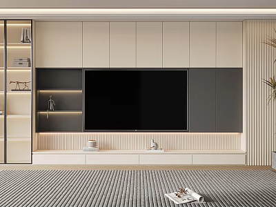 Modern TV Background Wall Design With Beige Gray Panels Flat Screen TV And Storage Cabinets 3d model