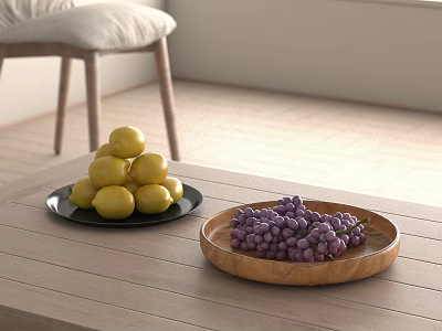 Fresh Yellow Lemons And Purple Grapes On Black And Wooden Plates On Wooden Table 3d model