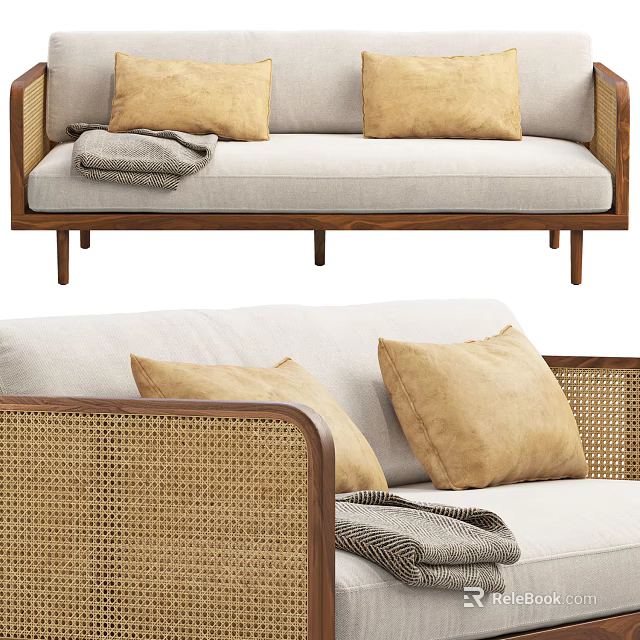 Multi Seater Sofa With Woven Rattan Armrests Wooden Frame And Beige Cushions 3d model 