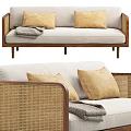 Multi Seater Sofa With Woven Rattan Armrests Wooden Frame And Beige Cushions