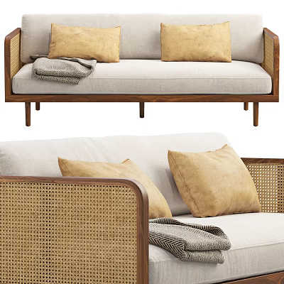 Multi Seater Sofa With Woven Rattan Armrests Wooden Frame And Beige Cushions 3d model