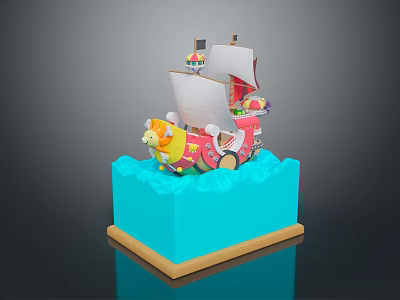 Colorful Toy Ship Model With Decorative Sail And Blue Wave Base 3d model
