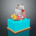 Colorful Toy Ship Model With Decorative Sail And Blue Wave Base