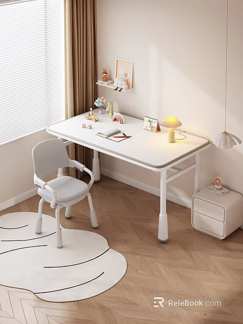 White Kids Study Desk With Chair Yellow Lamp Stationery And Toys In Bright Room 3d model 
