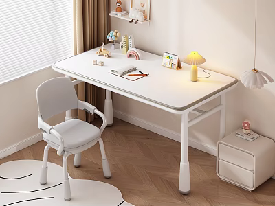 White Kids Study Desk With Chair Yellow Lamp Stationery And Toys In Bright Room 3d model