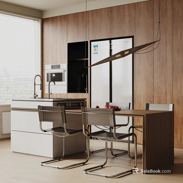 Modern Dining Table Set With Wooden Top Metal Chairs And White Kitchen Cabinets 3d model 