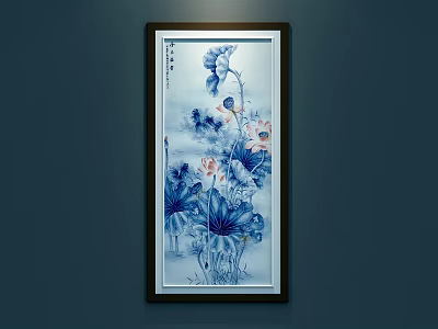 Botanical Lotus Painting With Blue White Flowers And Dark Frame Hanging On Blue Wall 3d model
