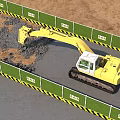 Road Construction Site With Green Safety Barriers Yellow Black Stripes And Excavator Breaking Ground