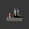 Wind Turbines Lighthouse Sailboat in Green Coastal Renewable Energy Landscape