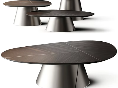 Modern Coffee Table Set With Wooden Grain Top And Conical Metal Base 3d model