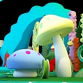 Enchanting Fantasy Forest Scene With Colorful Mushrooms Trees Rabbit Figure Vibrant Plants And Winding Path