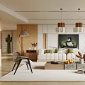 Modern Living Room Interior With Sofa Coffee Table Pendant Lights Plants And Decorative Artwork