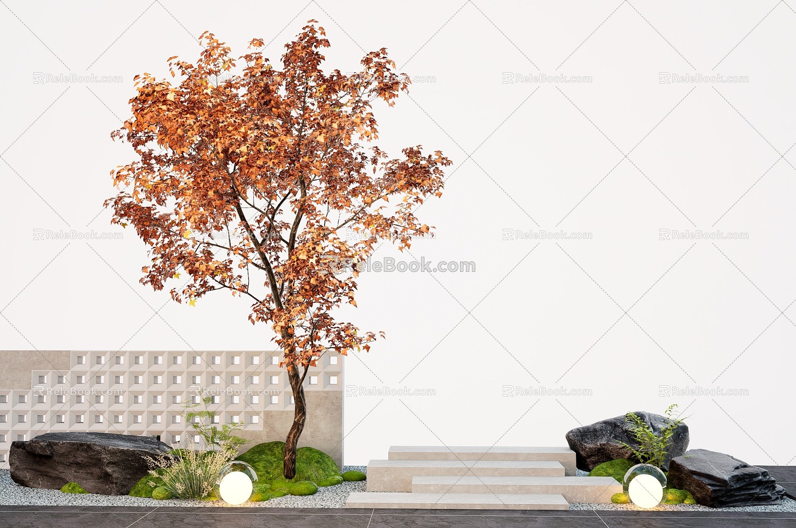 Courtyard landscape red maple hollow brick landscape wall stone steps micro terrain 3d model