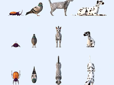 Various Animals and Insects Collection Featuring Beetles Pigeons Dogs and Cats 3d model