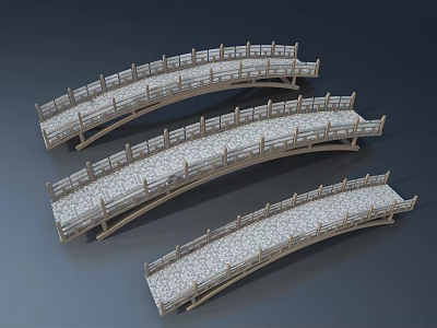 Three Arched Bridges Model Featuring Wooden Railings And Stone Slab Surfaces 3d model