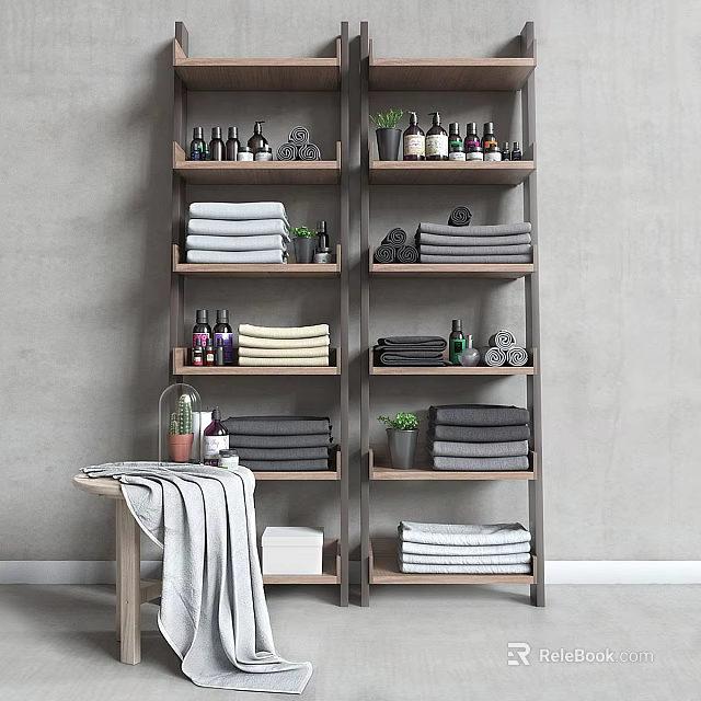 Organized Laundry Daily Use Essentials Shelf With Stacked Towels Assorted Bottles And Potted Plants 3d model 