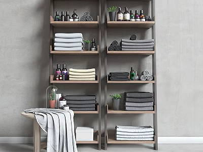 Organized Laundry Daily Use Essentials Shelf With Stacked Towels Assorted Bottles And Potted Plants 3d model