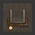 Rustic Wooden Outdoor Cooking Workbench Featuring Grill Wok Log Bucket And Tools