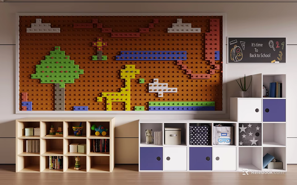 Lego Brick Background Wall With Giraffe Tree Cloud Designs In Children's Room Storage Cabinets 3d model 