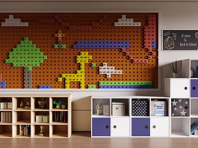 Lego Brick Background Wall With Giraffe Tree Cloud Designs In Children's Room Storage Cabinets 3d model
