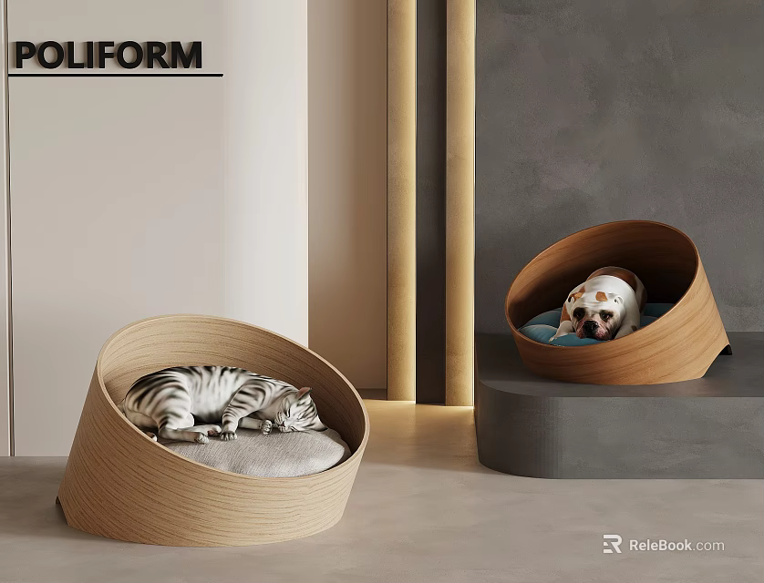 Poliform Modern Wooden Pet Beds With Cat And Dog Resting Comfortably 3d model 