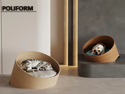 Poliform Modern Wooden Pet Beds With Cat And Dog Resting Comfortably 3d model