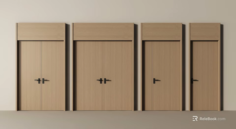 Modern Wooden Double Doors Design With Black Handles For Home Interior 3d model 
