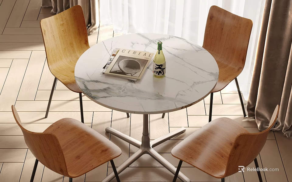 Simple Modern Dining Table Set With Round Marble Top And Four Wooden Chairs 3d model