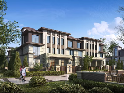 Elegant Traditional Terraced Townhouse Exterior With Large Windows Green Gardens And People Walking 3d model