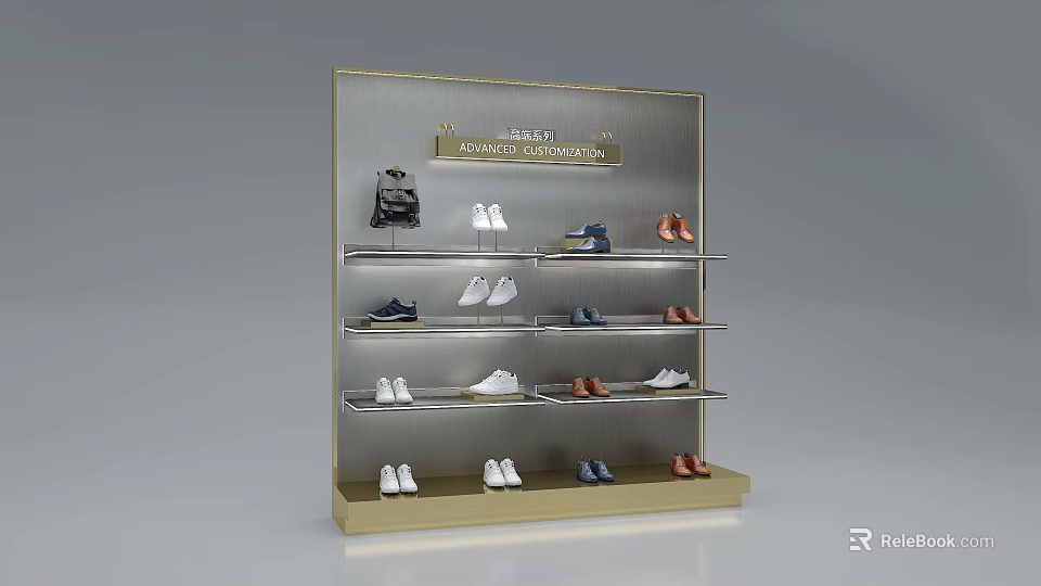 Modern Metal Shoe Cabinet With Multiple Shelves Holding Various Shoes And A Backpack 3d model 
