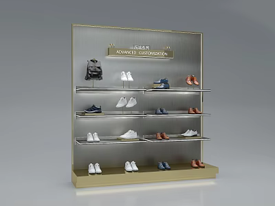 Modern Metal Shoe Cabinet With Multiple Shelves Holding Various Shoes And A Backpack 3d model