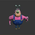 3D Pink Cartoon Game Movie Character With Blue Overalls Green Nose And Antennas