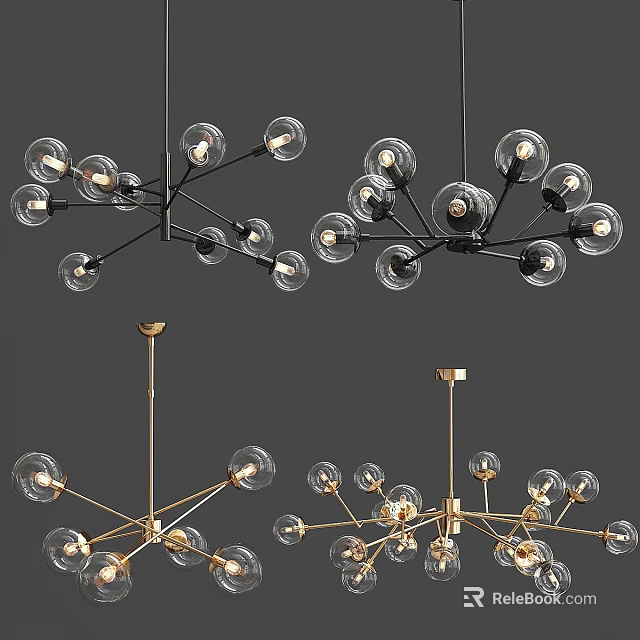 Modern Chandeliers with Black Gold Metal Arms and Clear Glass Bulb Designs 3d model 
