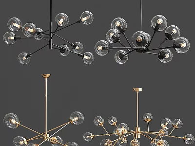 Modern Chandeliers with Black Gold Metal Arms and Clear Glass Bulb Designs 3d model