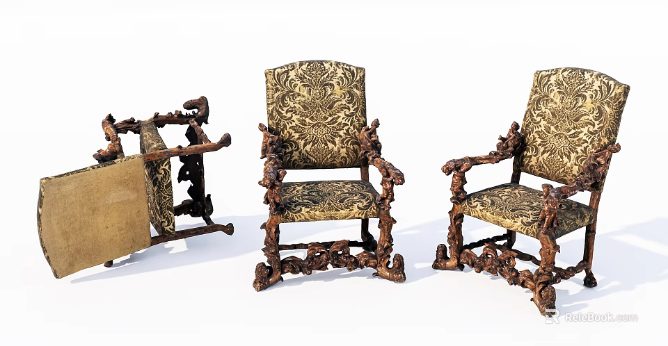 Classic Vintage Armchairs With Ornate Carved Wooden Frames And Patterned Fabric Upholstery 3d model 