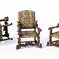 Classic Vintage Armchairs With Ornate Carved Wooden Frames And Patterned Fabric Upholstery