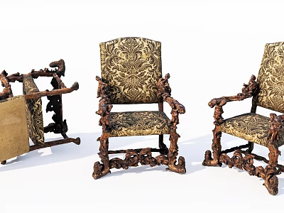 Classic Vintage Armchairs With Ornate Carved Wooden Frames And Patterned Fabric Upholstery 3d model