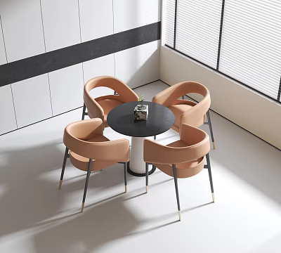 Modern Round Table and Beige Curved Chair Set With Black Marble Top in Bright Interior 3d model
