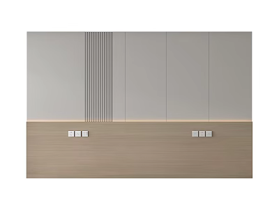 Modern Bedroom Accent Wall With Gray Panels Vertical Lines And Beige Wooden Lighting Strips 3d model