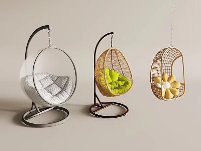 Modern Hanging Chairs with Various Designs Rattan Metal Frame and Colorful Cushions 3d model