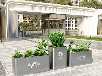 Modern Garden Landscape Design With Silver Planters Green Plants And Building Entrance 3d model