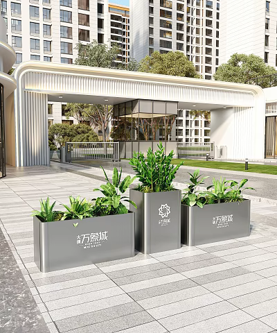 Modern Garden Landscape Design With Silver Planters Green Plants And Building Entrance 3d model