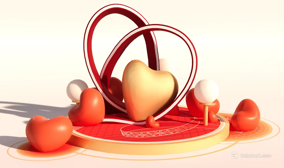 Decorative Red Gold Heart Shaped Rings With White Balls On Circular Platform 3d model 