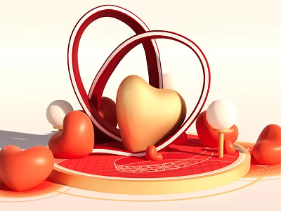 Decorative Red Gold Heart Shaped Rings With White Balls On Circular Platform 3d model