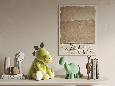 Cute Green Dinosaur Plush Toys on Shelf with Books Decorations and Wall Art 3d model
